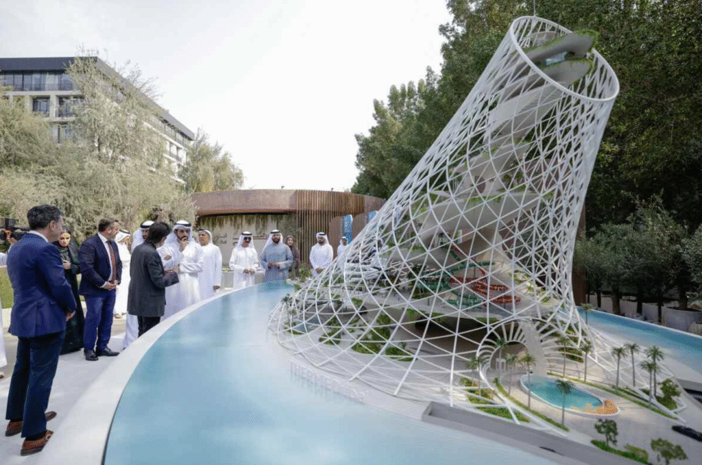 Sheikh Hamdan reviewed a model of the Therme Dubai project, which spans 500,000 square feet, stands 100 meters tall, and seeks to host up to 1.7 million visitors annually